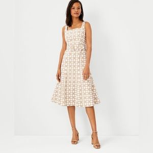 NWT Ann Taylor Petite Rattan Print Belted Flare Dress Tan & Cream 12P